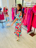 Jane Belted Satin Flutter Sleeved Flower Maxi Dress -  Green