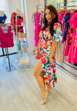 Jane Belted Satin Flutter Sleeved Flower Maxi Dress -  Green