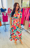 Jane Belted Satin Flutter Sleeved Flower Maxi Dress -  Green