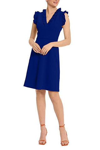 Maggy London V-Neck Ruffle Sleeves Crepe Dress - Blue