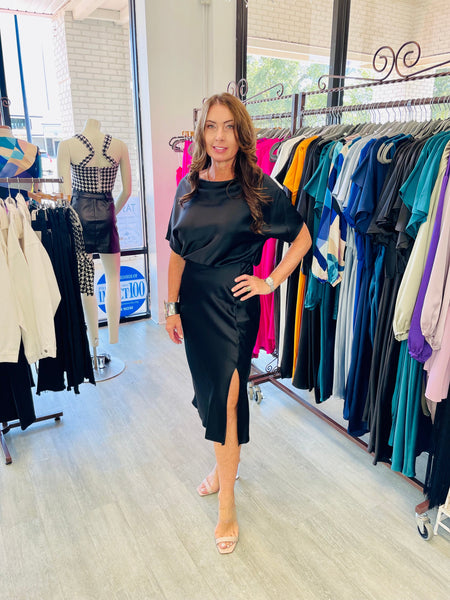 The Satin Stretch Sleeved Dress with Slit
