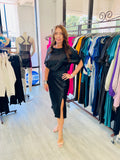 The Satin Stretch Sleeved Dress with Slit