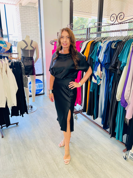 The Satin Stretch Sleeved Dress with Slit