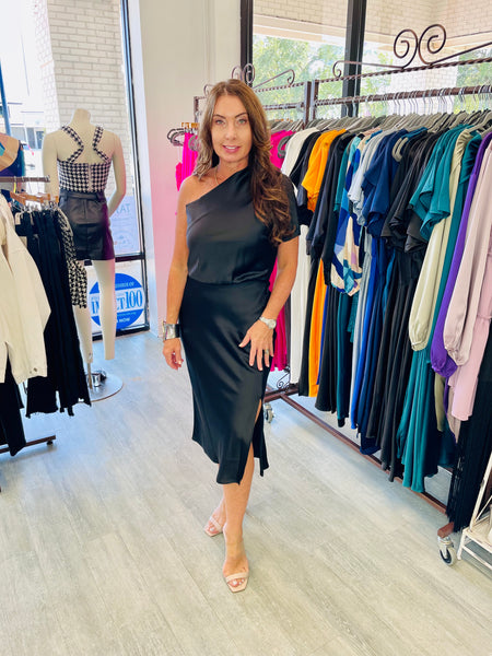 Lucy Stretch Satin One Shoulder Dress - Black