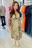 The Q2 Midi Belted Wrap Dress Zebra - Green