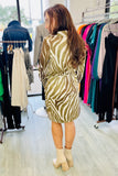 The Q2 Midi Short Dress with Zebra Print in White & Olive Green - Green