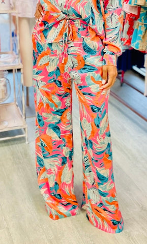 The Q2 Wide Leg Floral Print Pants - Orange