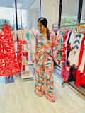 The Q2 Wide Leg Floral Print Pants - Orange