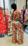 The Q2 Wide Leg Floral Print Pants - Orange