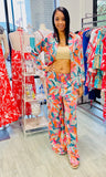 The Q2 Wide Leg Floral Print Pants - Orange