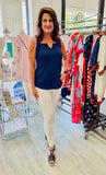 Square Split Neck Solid Ribbed Top - Navy