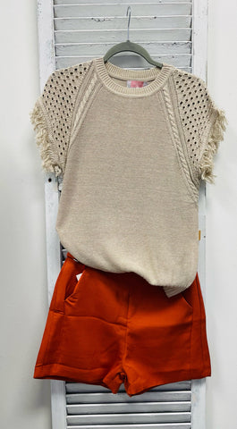 Tassel Sheer Short Sleeves Knitted Top - Khaki