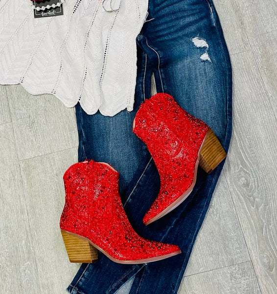 Angel Crystal Bling Low Cowboy Boots - Red
