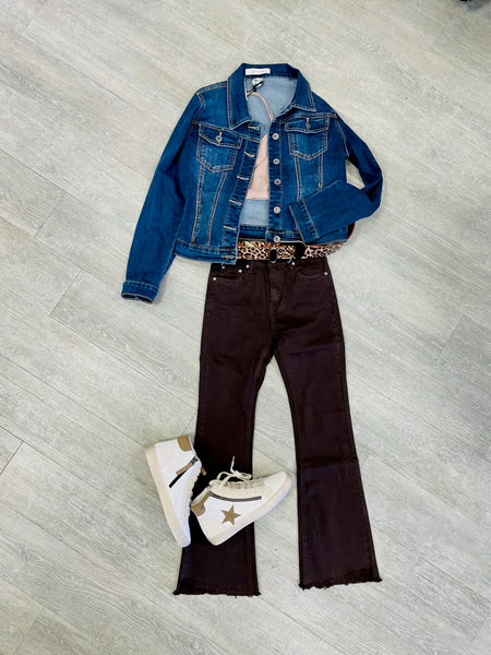Q2 High Rise Raw Hem Flared Jeans-Dark Brown