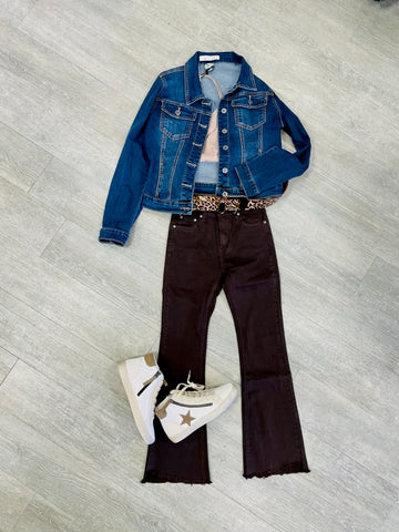 Q2 High Rise Raw Hem Flared Jeans-Dark Brown