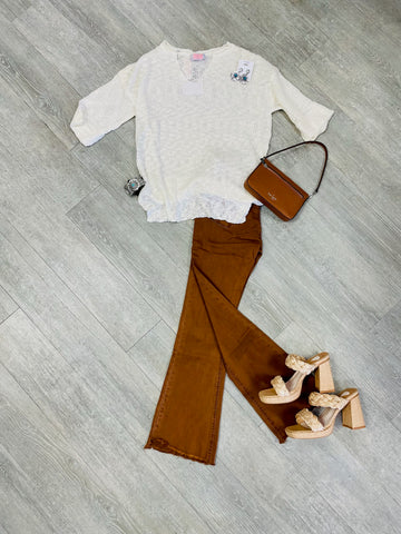 Q2 High Rise Raw Hem Flared Jeans-Brown