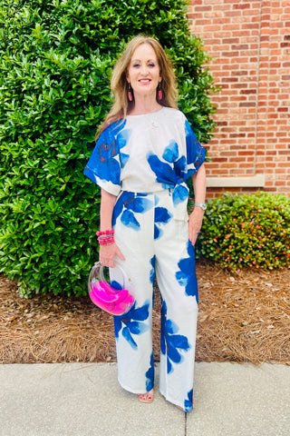 Tropical Floral Burst Cropped Blouse - Blue