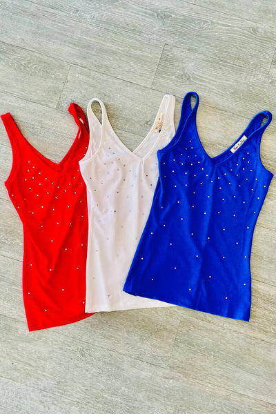 FINAL SALE:  V-Neck Sleeveless Rhinestone Detail Rib Tank Top