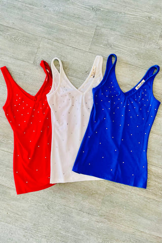 FINAL SALE:  V-Neck Sleeveless Rhinestone Detail Rib Tank Top