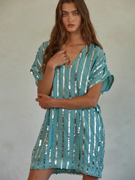 Soulmate Woven Sequins V-Neck Tunic Dress - Dusty Sage