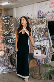 Italian Contrast Stripe Halter Maxi Dress