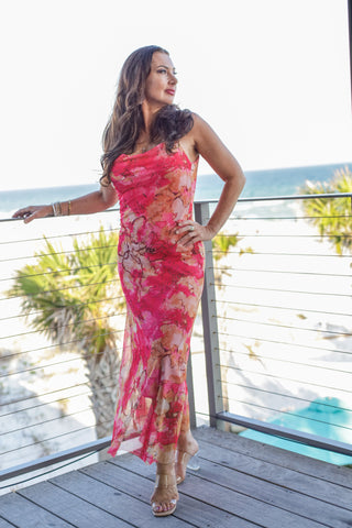 The Jenna Print Sheer Illusion Mesh Midi  Dress - Abstract