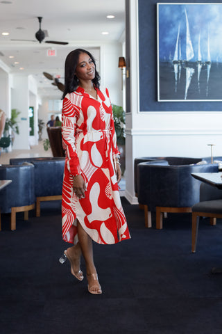 The Q2 Abstract Red Print Button Down Dress