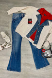 Q2 Waffle Knit Cardigan Sweater with Denim Inside- Cream
