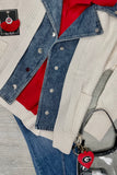 Q2 Waffle Knit Cardigan Sweater with Denim Inside- Cream