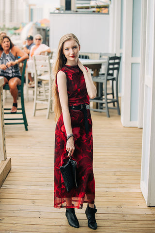 Mesh Fall Floral Printed High Neck Printed Maxi Dress