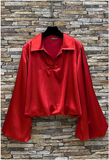 Italian Satin Blouse w/ Flowy Sleeves and Gathered Hem