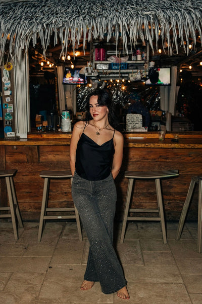 The Q2 Black Rhinestone Wide Leg Jeans - Gray