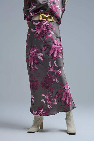 Q2 Elegant Floral Satin Midi Skirt - Gray