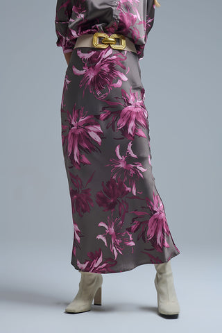 Q2 Elegant Floral Satin Midi Skirt - Gray