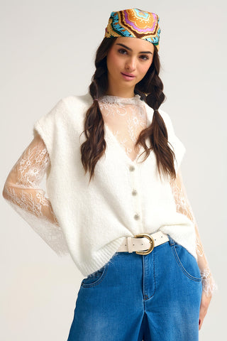 Q2 Soft Knit Sleeveless Cardigan Vest with Lace Trim - Cream