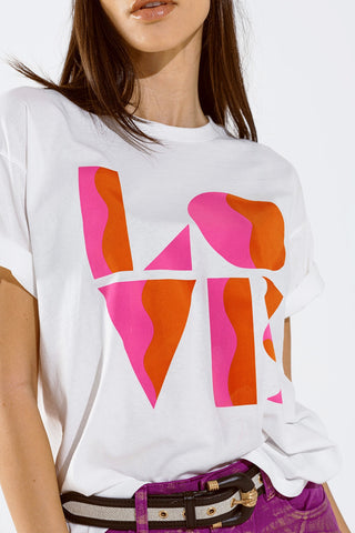 Q2 Relaxed Fit Love Deco Design Tee - White - One Size
