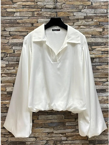 Italian Satin Blouse w/ Flowy Sleeves and Gathered Hem