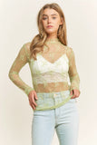Mesh Lace Design High Neck Long Sleeved Fitted Top