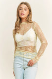 Mesh Lace Design High Neck Long Sleeved Fitted Top
