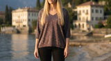 Italian One Size Shiny Lurex Knit V-Neck Sweater
