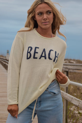 Round Neck Long Sleeve Beach Light Weight Sweater- White