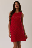 Boat Neck Sleeveless Crochet Dress - Red