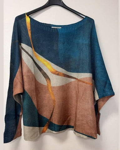 Italian Abstract Wave Printed Sweater - Teal