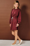 Burgundy Crew Neck Drawstring Waist Mini Dress