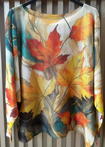 Cream Fall Leaves Italian Knit Printed Sweater