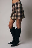 Woolen Plaid Slit Mini Skirt - Taupe/ Brown
