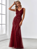 Classic Fishtail Sequin Mesh Evening Dress: Dark Purple / 4