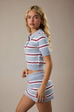 Stacie Short Sleeve Collared Striped Sweater Top - Light Blue/Red