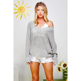 Light Knit Destroyed Hem V-Neck Sweater