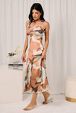 Ruffle Edge Godet Pleat Abstract Print MIDI Dress